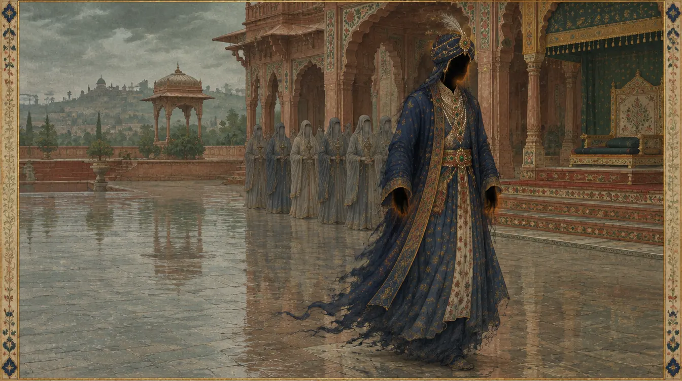Hollow Prince berjalan menjauhi singgasana kosong di halaman istana yang basah; wajahnya hanya lubang gelap, jubah nilanya luruh menjadi tinta, para pengikut berkerudung kelabu menunggu di belakang